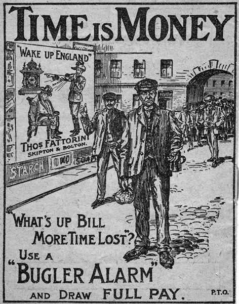 1912-Fattorini_Bugler_alarm_clock_Advert_Wake_up_England_Advert